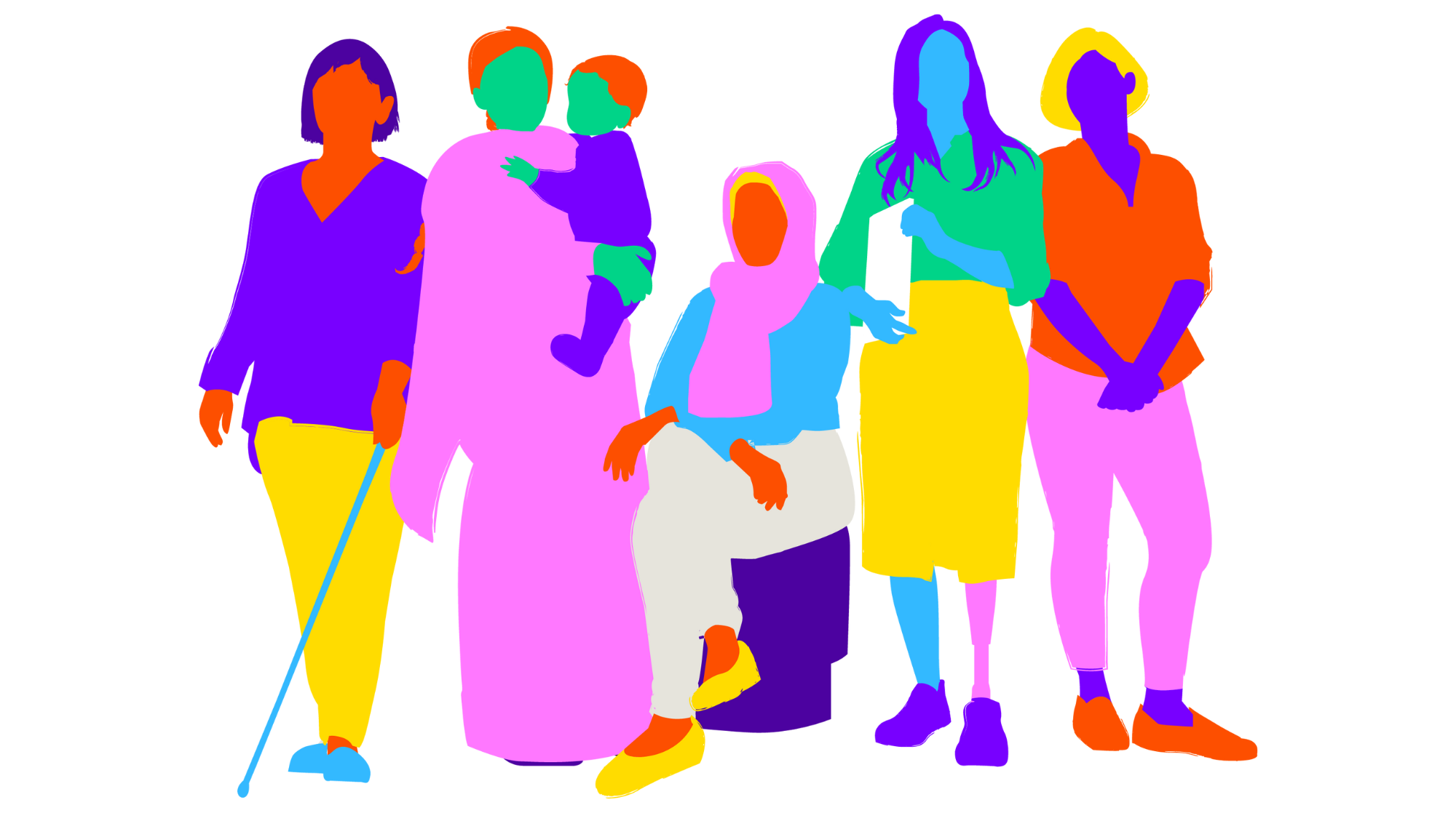 An illustrated collection of women: one is holding a cane, one is holding a child in a sari, one is sitting down with a head scarf, one has a prostethic leg and the final one has short yellow hair.